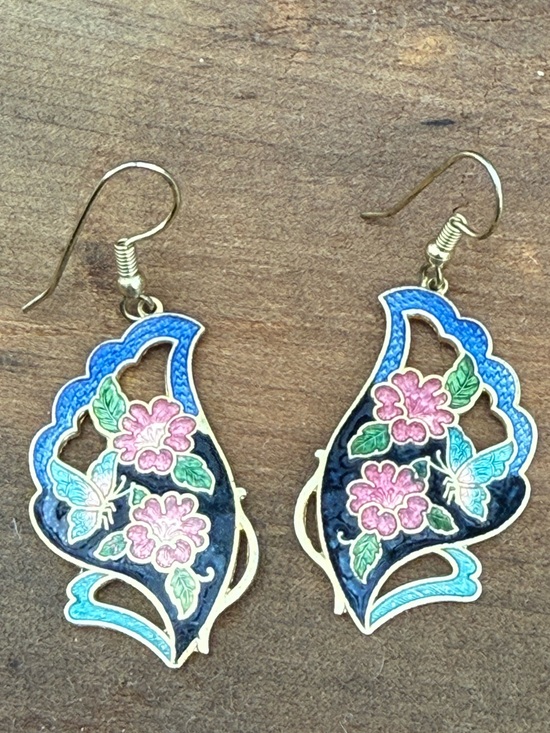 Estate Jewelry - Vintage Pink Flower Cloisonné Drop Earrings with Blue Accents